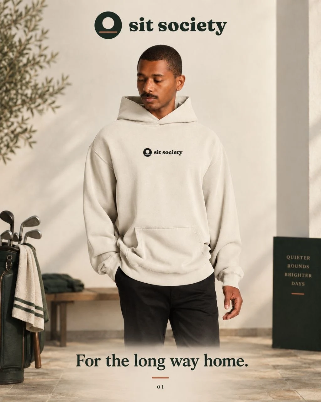 AI-generated sit society hoodie campaign preview; not a photograph of the final product