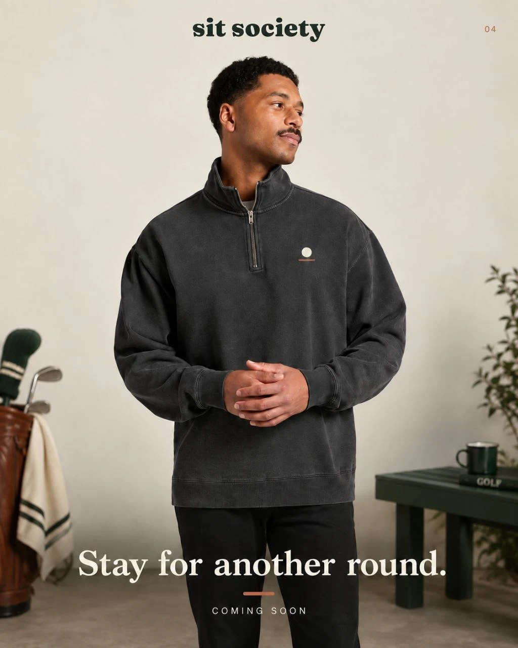 AI-generated sit society quarter-zip campaign preview; not a photograph of the final product